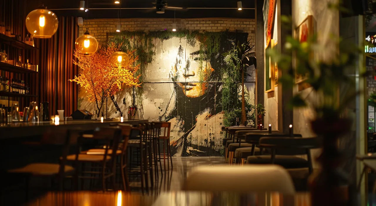 a restaurant with a mural of a woman's face on the wall