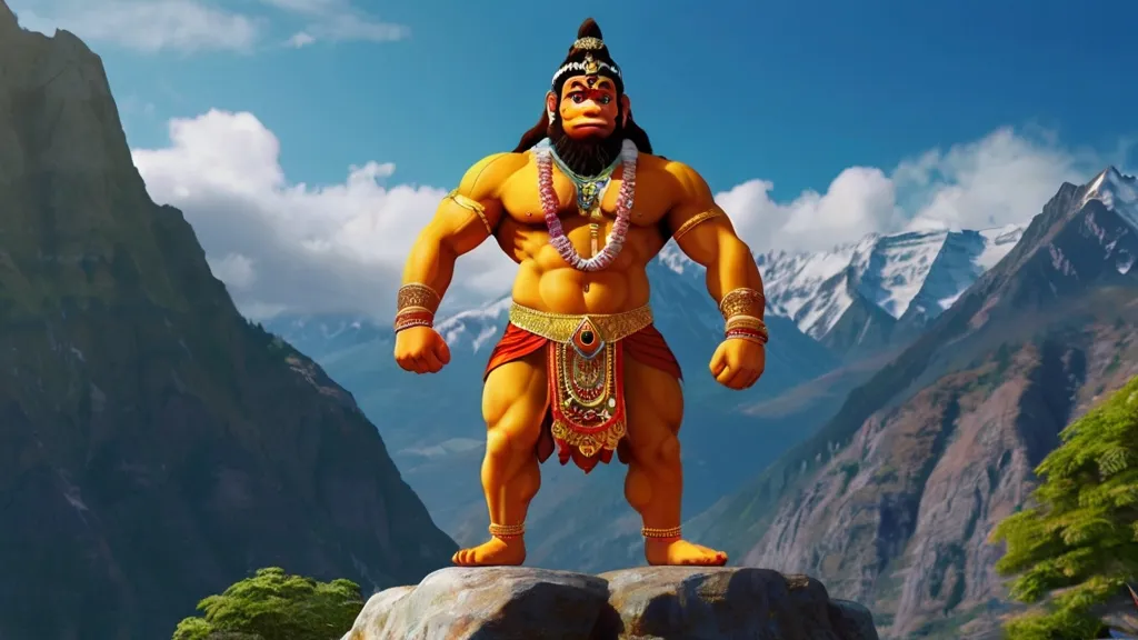 Create a god hanuman with a golden background, 8k, size of 1920x1080, colorful
