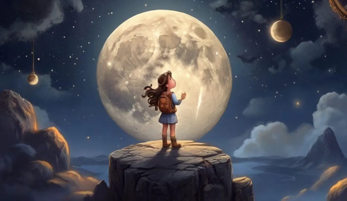 a little girl standing on top of a cliff looking at the moon.cartoon