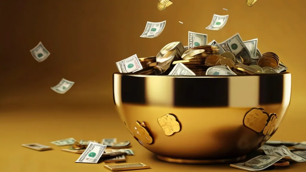 Create a Money with golden background, 8k, size of 1920x1080, colorful
