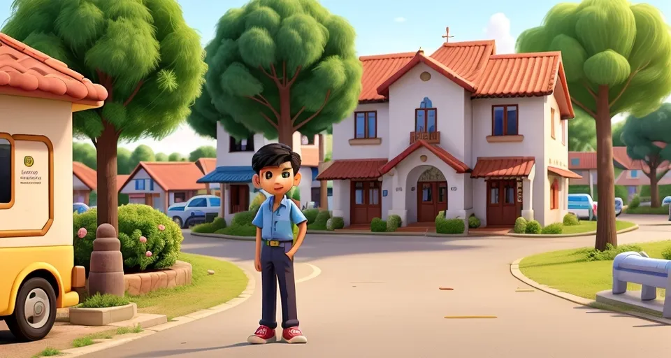 a young boy standing in front of a house walking slowly. Trees leaves moving slowly by air.