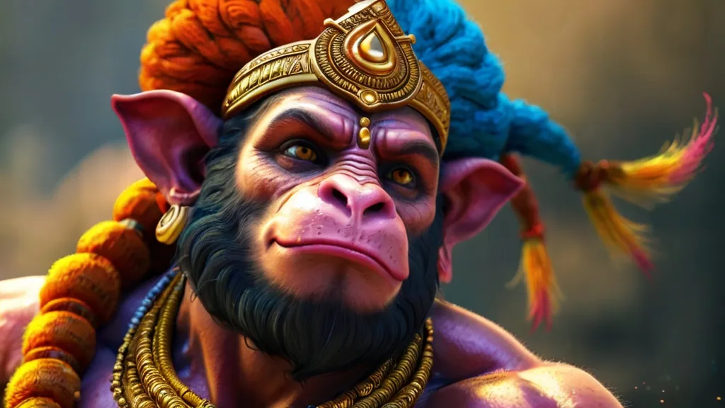 Create a god hanuman with a golden background, 8k, size of 1920x1080, colorful
