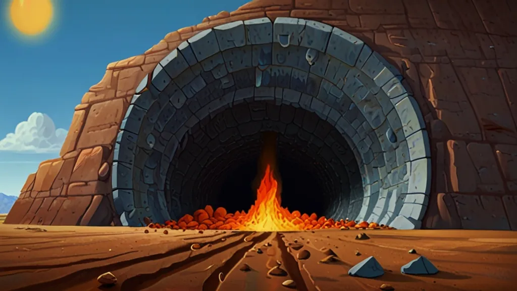 a cartoon scene with a fire coming out of a tunnel