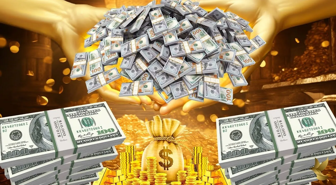 Create a dollar with golden background, 8k, size of 1920x1080, colorful
