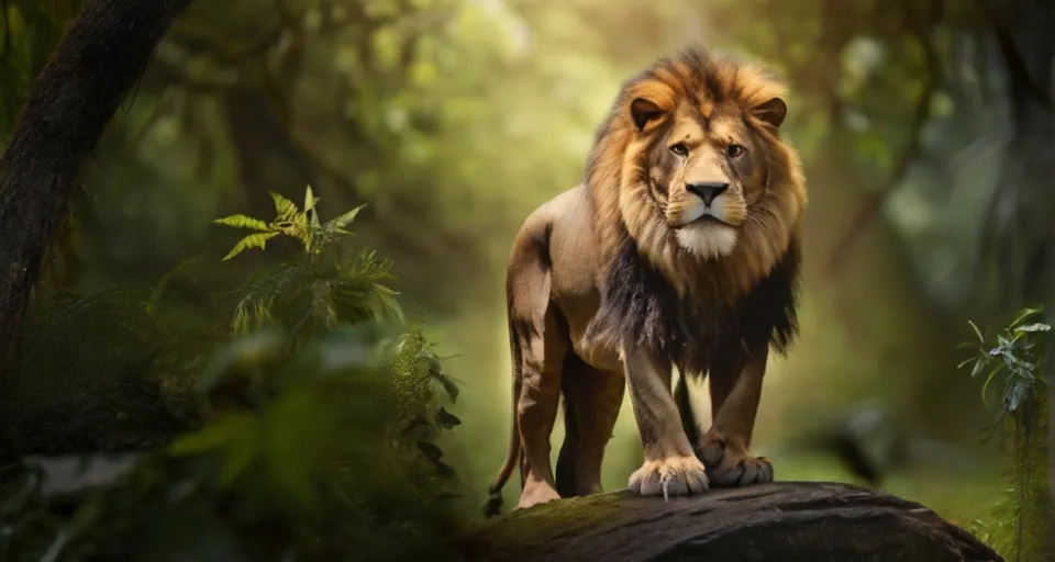 a lion standing on a rock in a forest