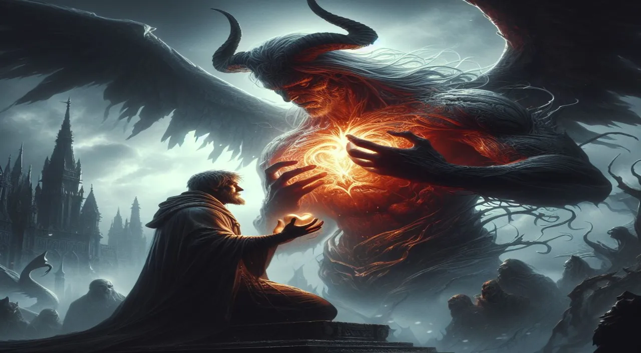 a man kneeling down next to a giant demon