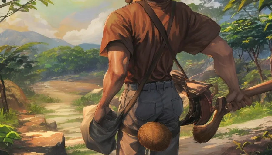 a man holding a tools, walking through jungle, 2d animation