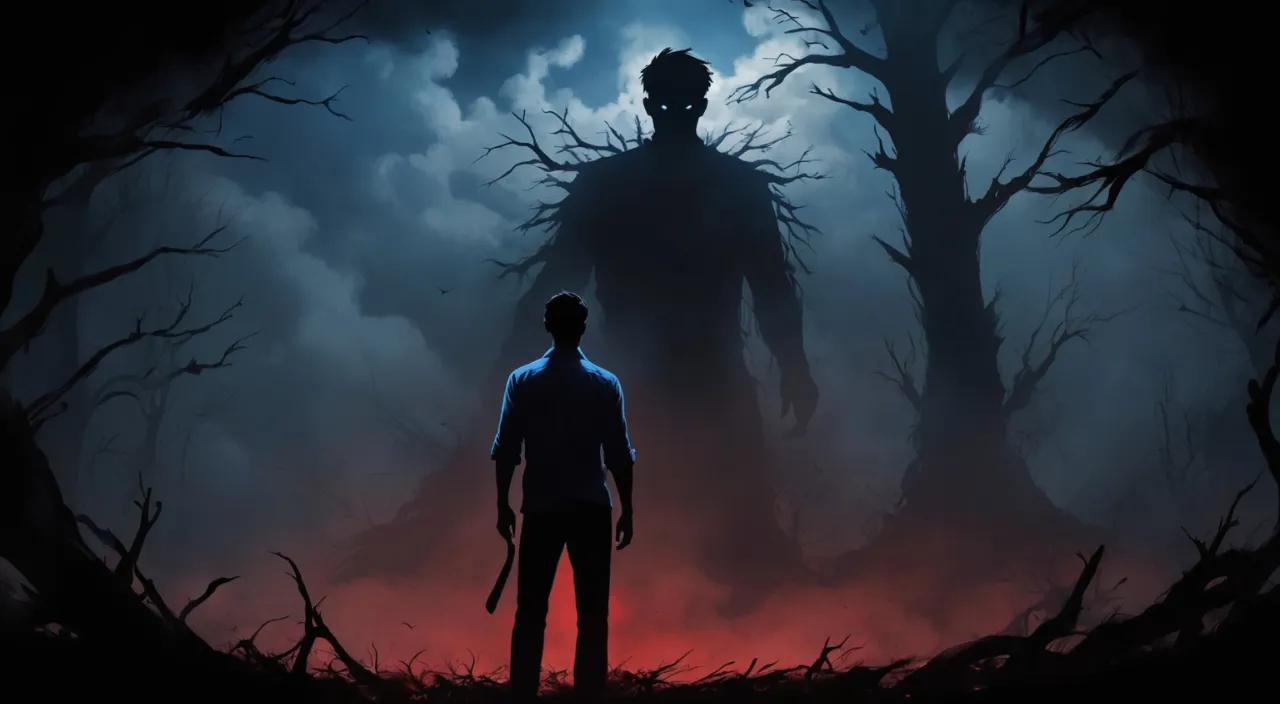 a man standing in front of a creepy forest