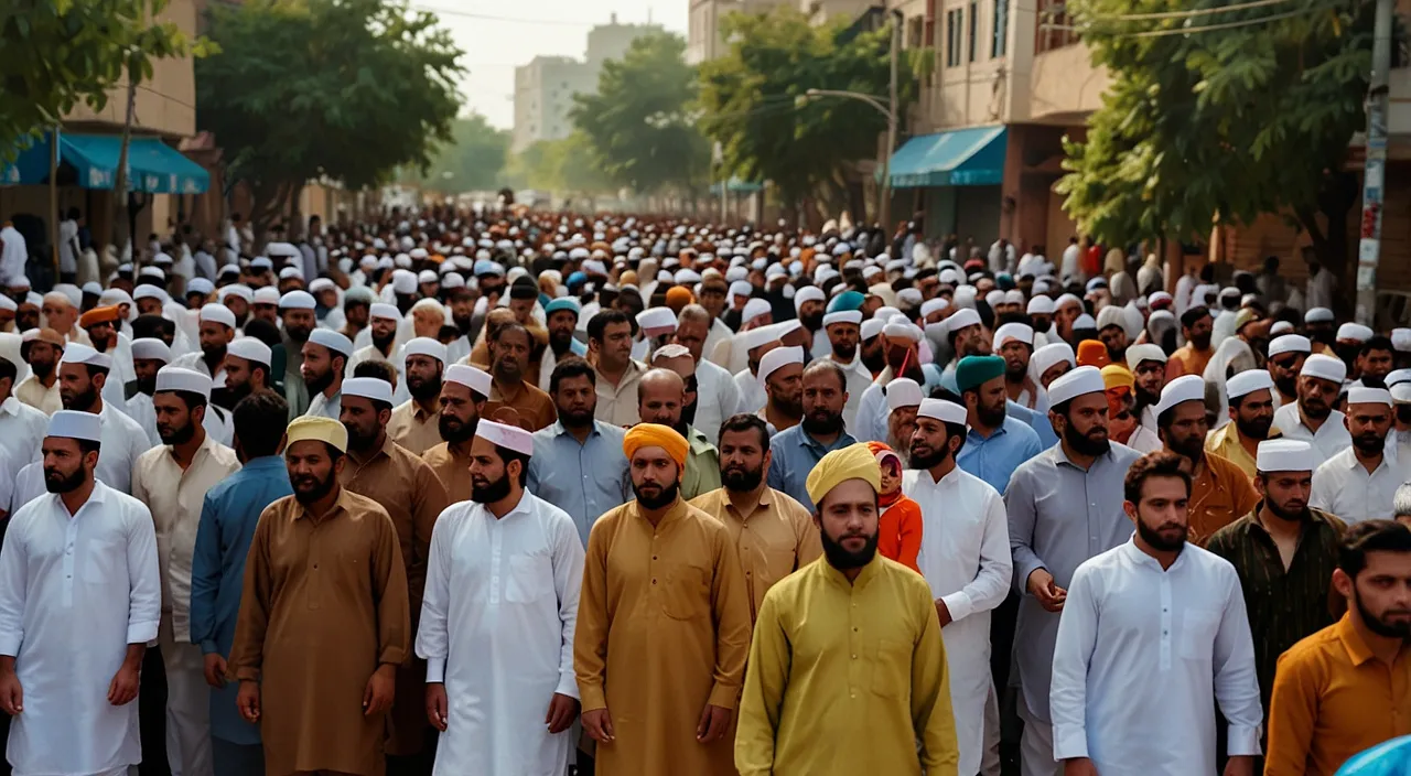 a large group of men walking in a street