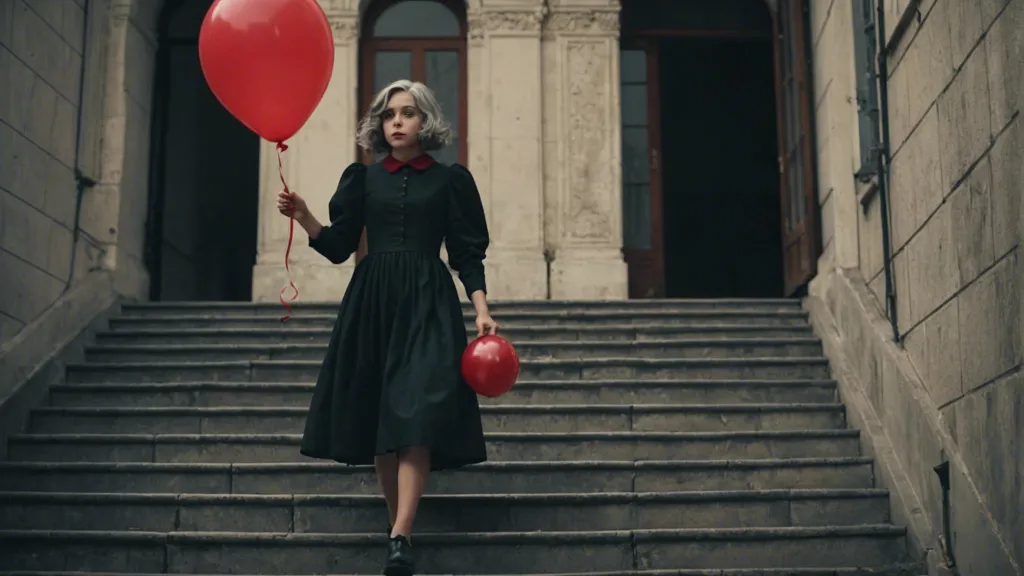 a woman in a black dress holding a red balloon