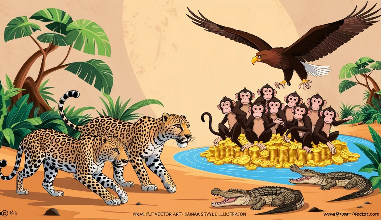 a painting of a group of monkeys and a group of monkeys on a pile of