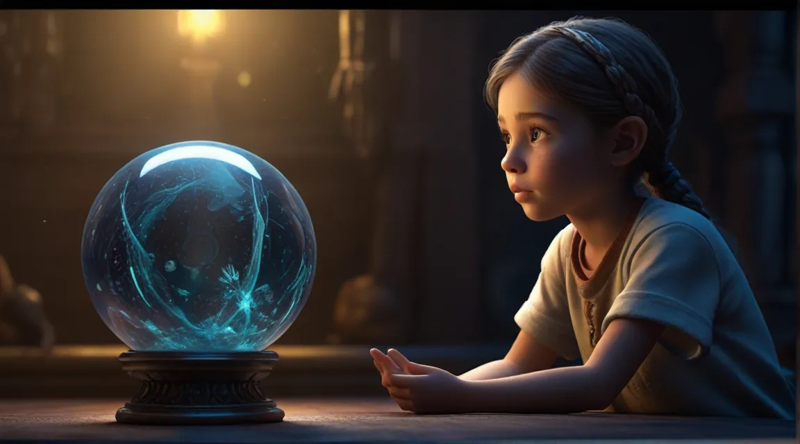 a little girl sitting in front of a glass ball