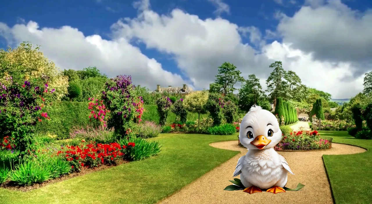 a cute tiny little duck in green garden , pound in the background