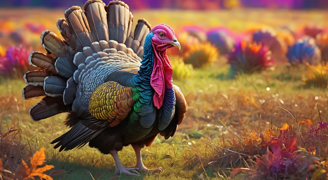 a colorful turkey standing in a field of flowers