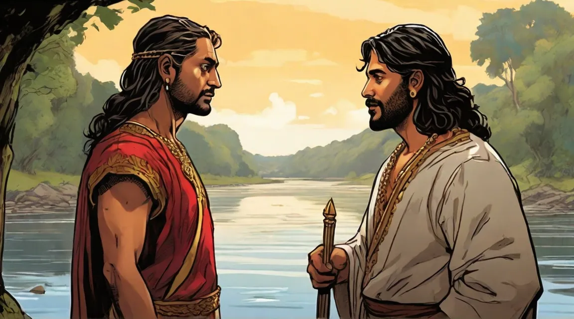 Poor man Anand and King Philip talking to each other on the river bank