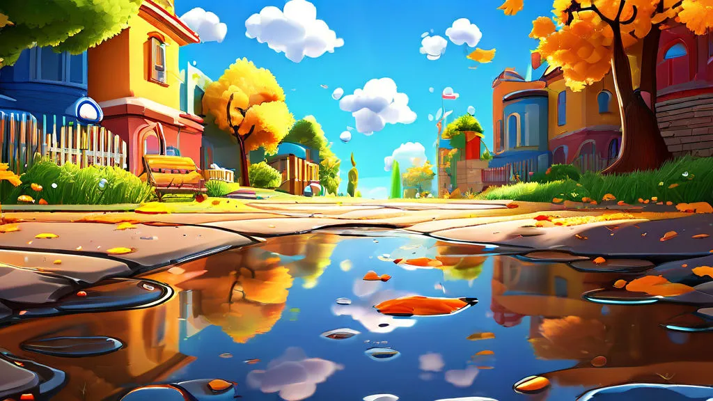 a painting of a city street with a puddle of water