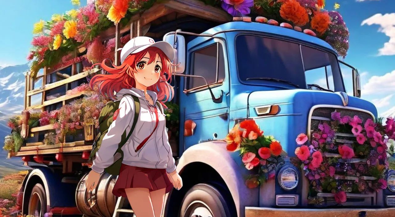 a girl standing next to a truck with flowers on it