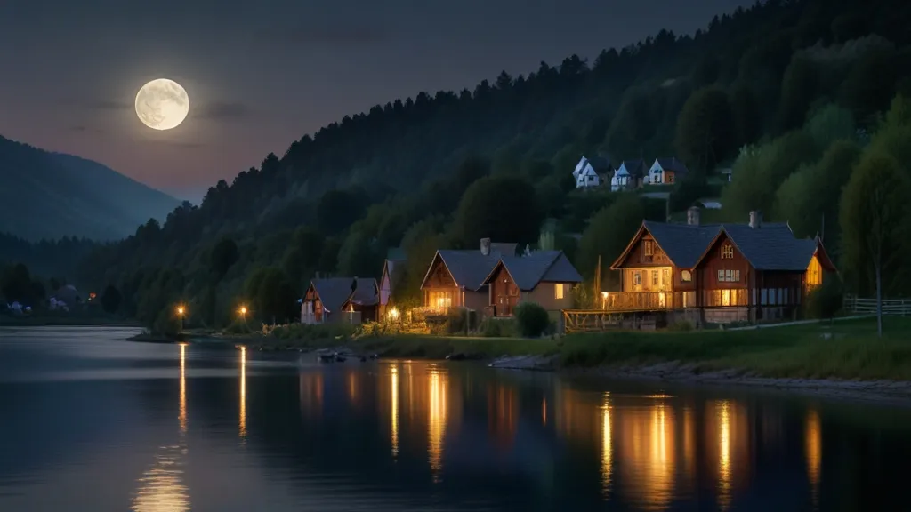 a full moon shines over a small village by the water