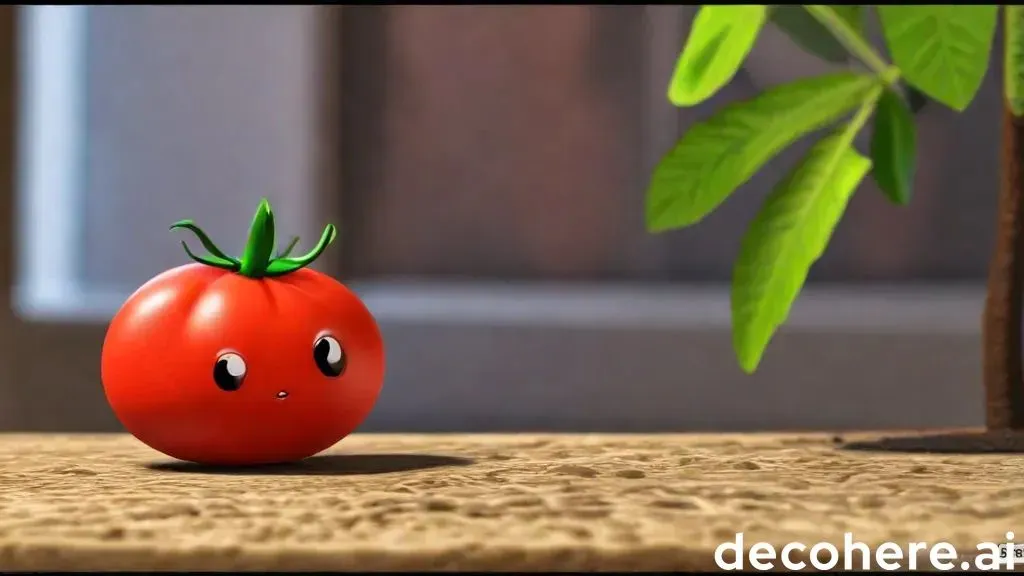 a tomato with a face sitting next to a tree