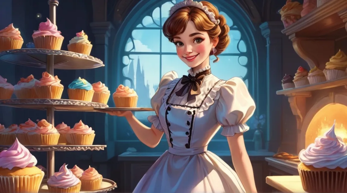 a woman in a dress holding a tray of cupcakes