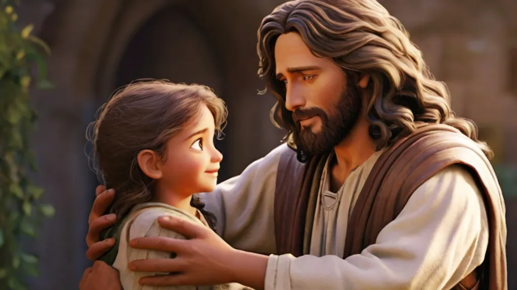 a statue of jesus holding a little girl