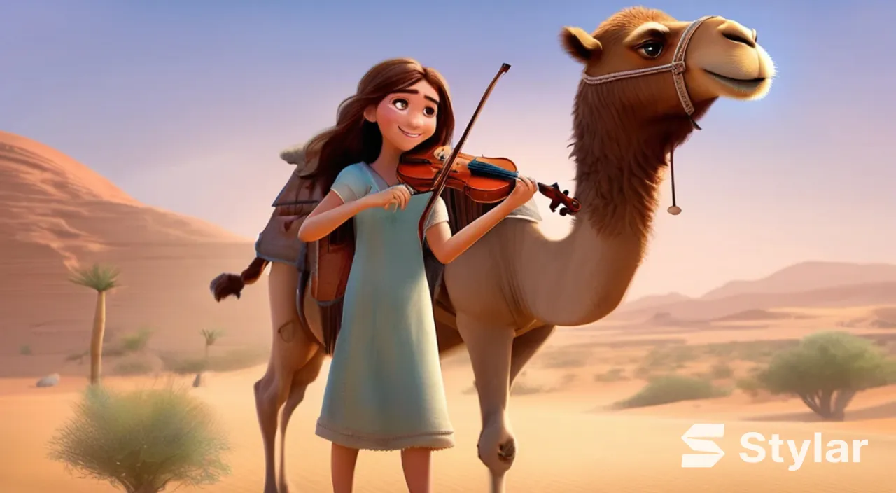 A young and beautiful girl with long hair, the girl smiles and plays the violin in a desert oasis, with a cute camel next to the girl