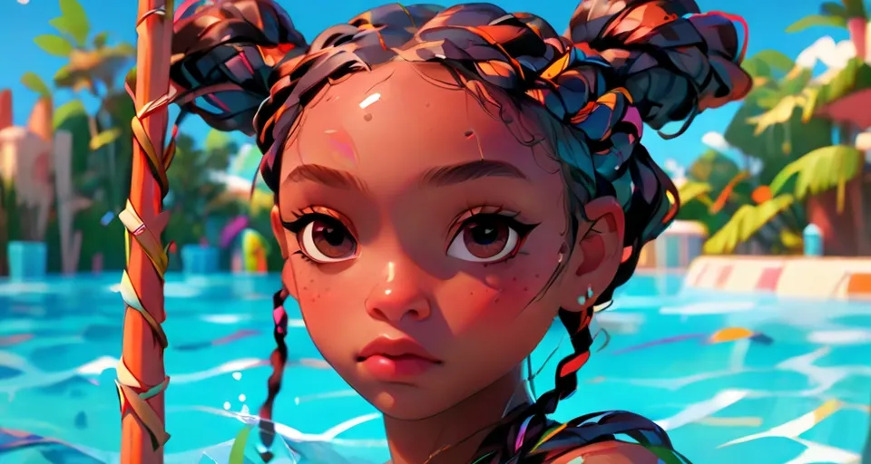 a young girl  in a pool holding a stick