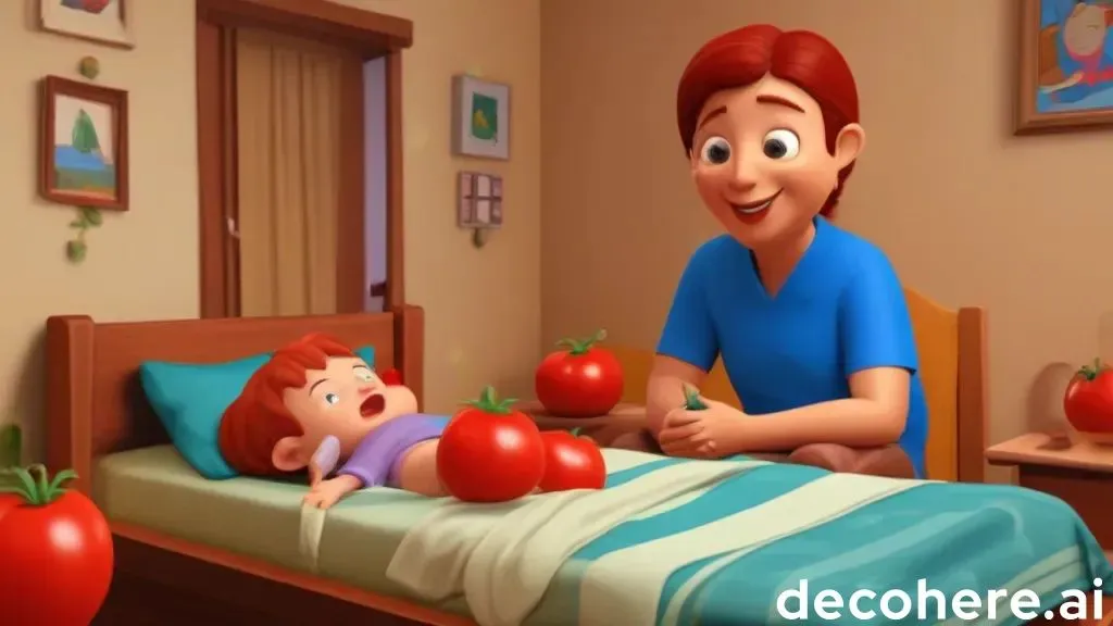 a woman and a child in a bedroom with tomatoes on the bed