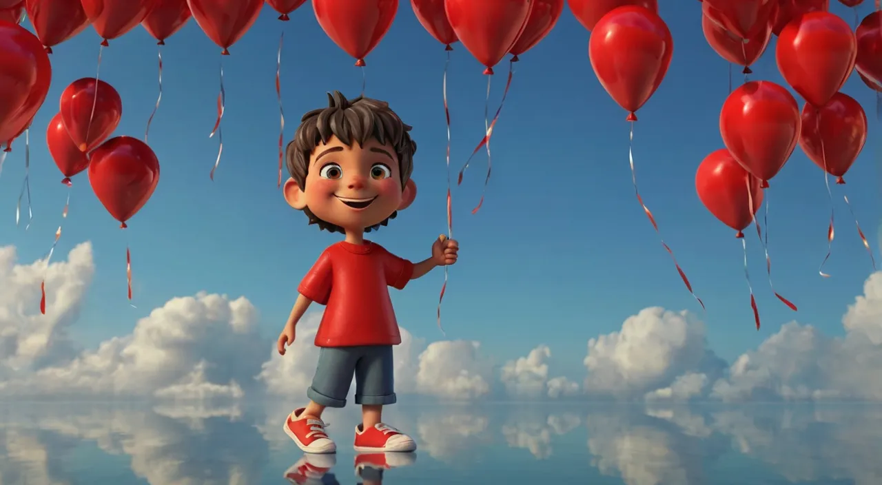 a young boy holding a bunch of red balloons