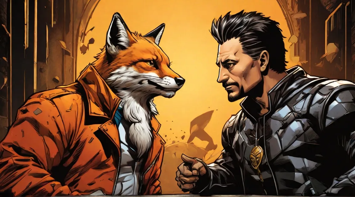 a man in a leather jacket next to a fox