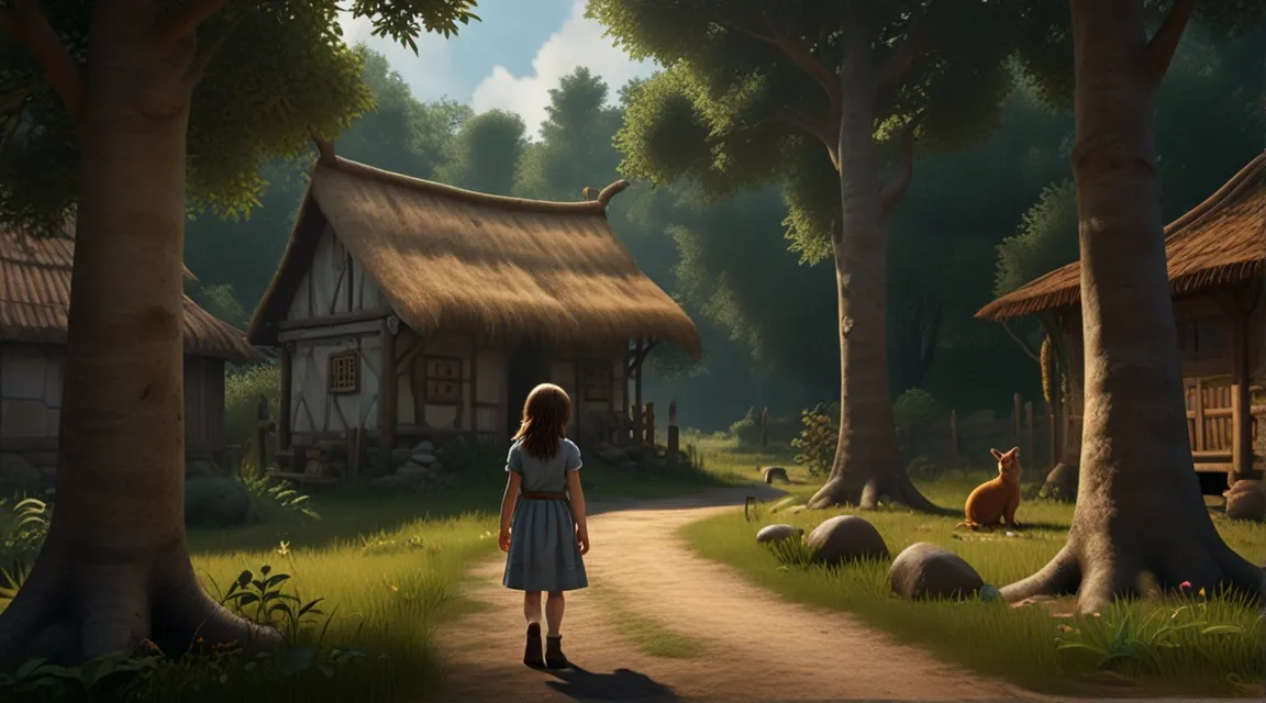 a little girl standing in the middle of a forest