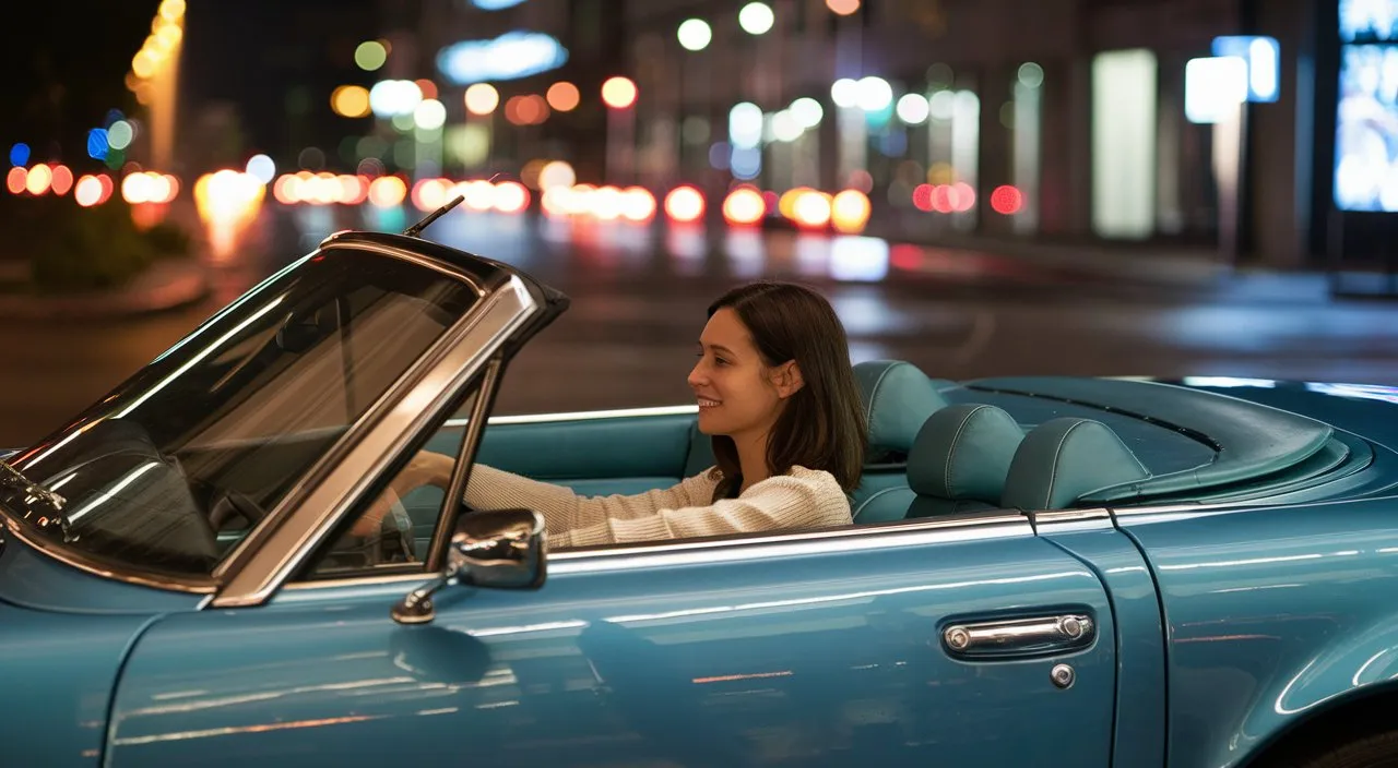 a woman is sitting in a blue convertible car