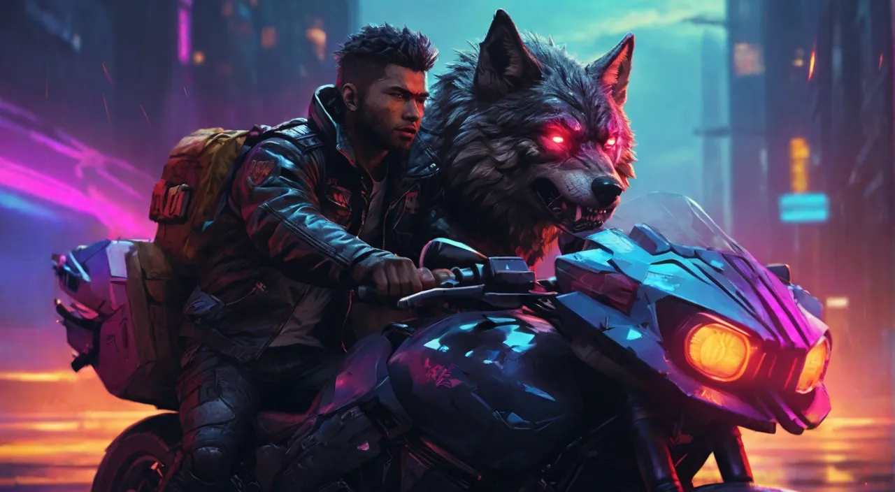 a man riding on the back of a motorcycle next to a wolf