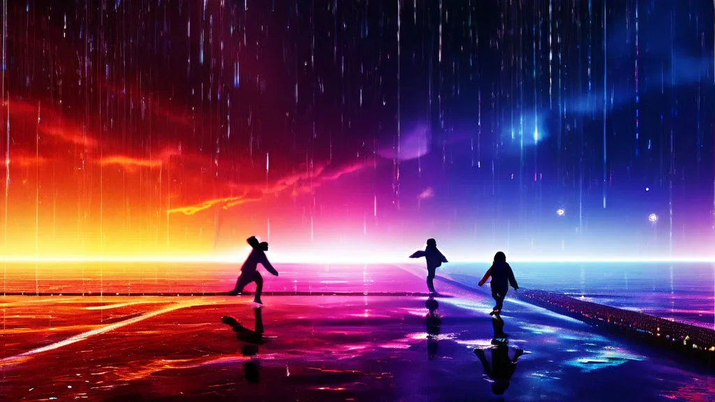 three people walking in the rain at night