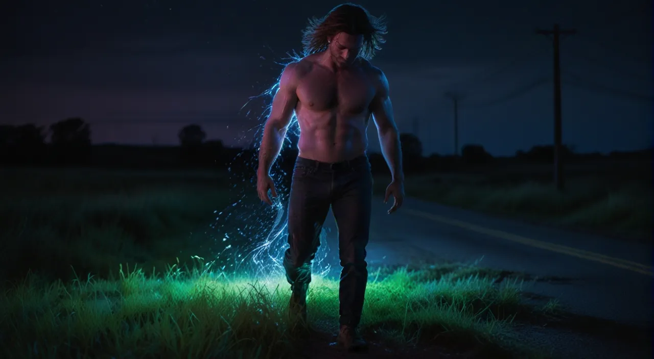 a shirtless man standing on a road at night