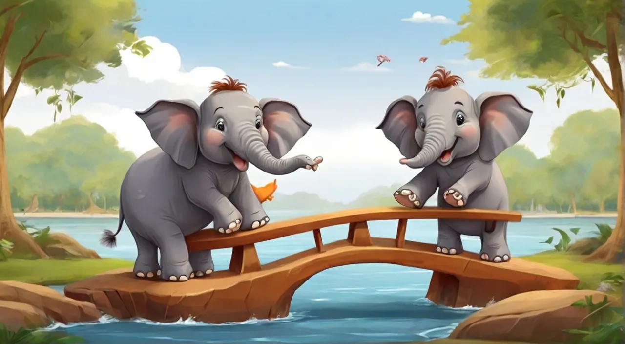 two elephants standing on a bridge over a river. Cartoon 