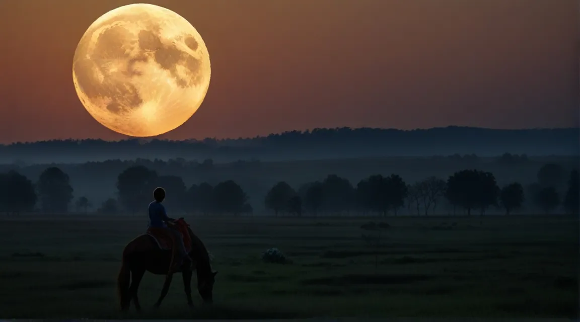 a person riding a horse in front of a full moon