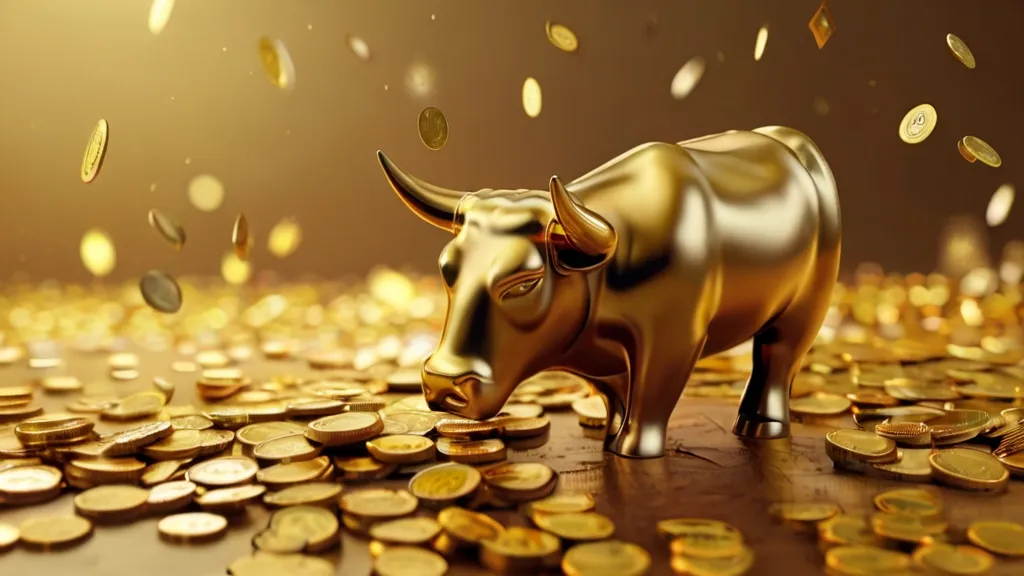 a gold bull standing on top of a pile of gold coins