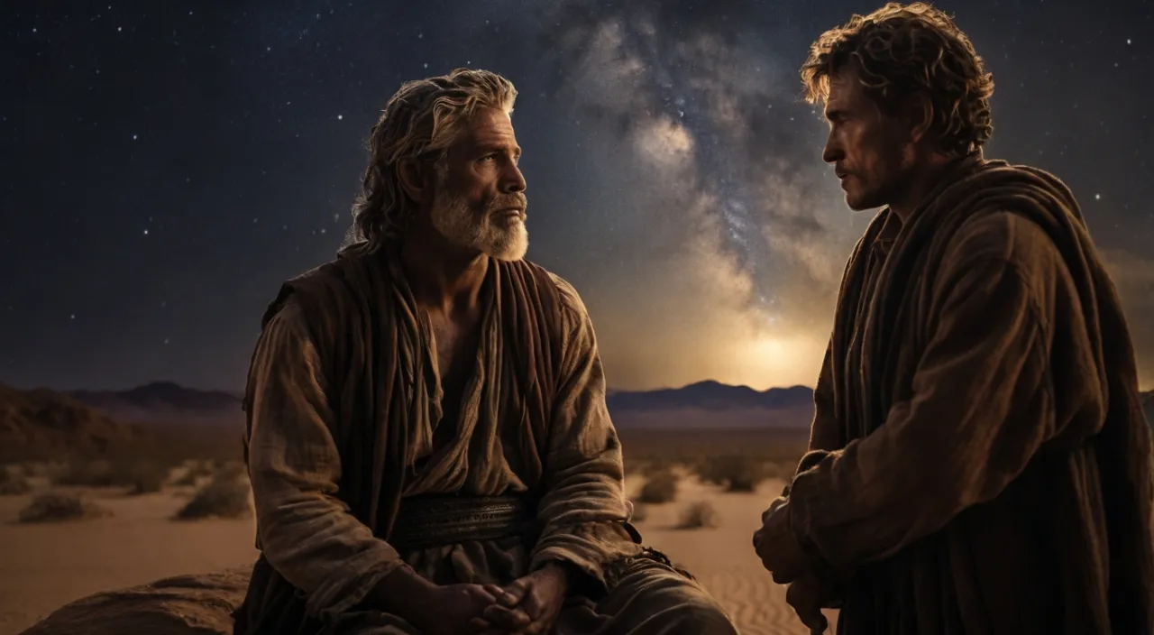 two men sitting on top of a desert under a night sky