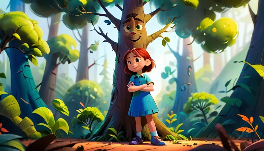 a girl hugging a tree in a forest