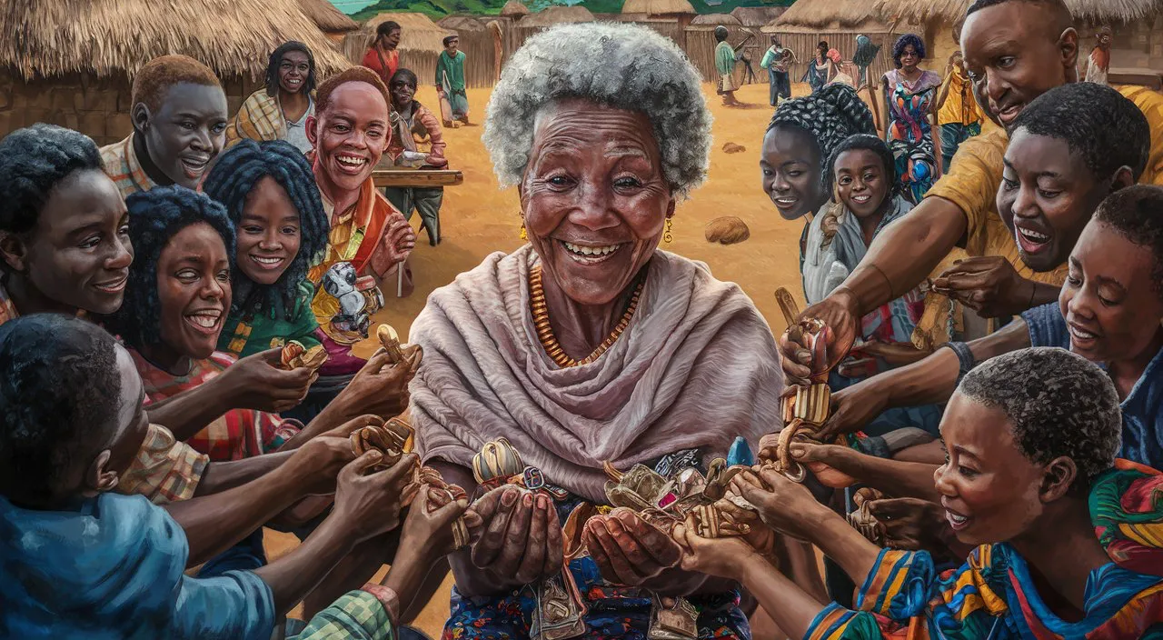 a painting of a woman surrounded by people