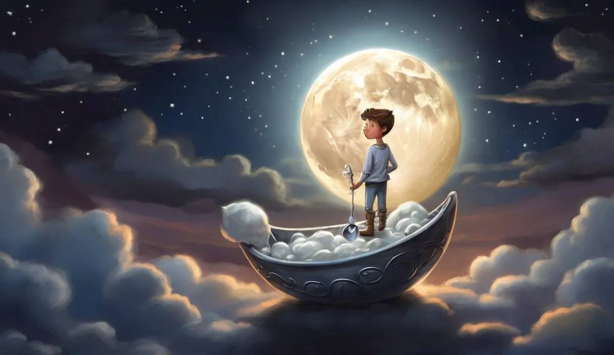 a painting of a boy standing on top of a moon.cartoon