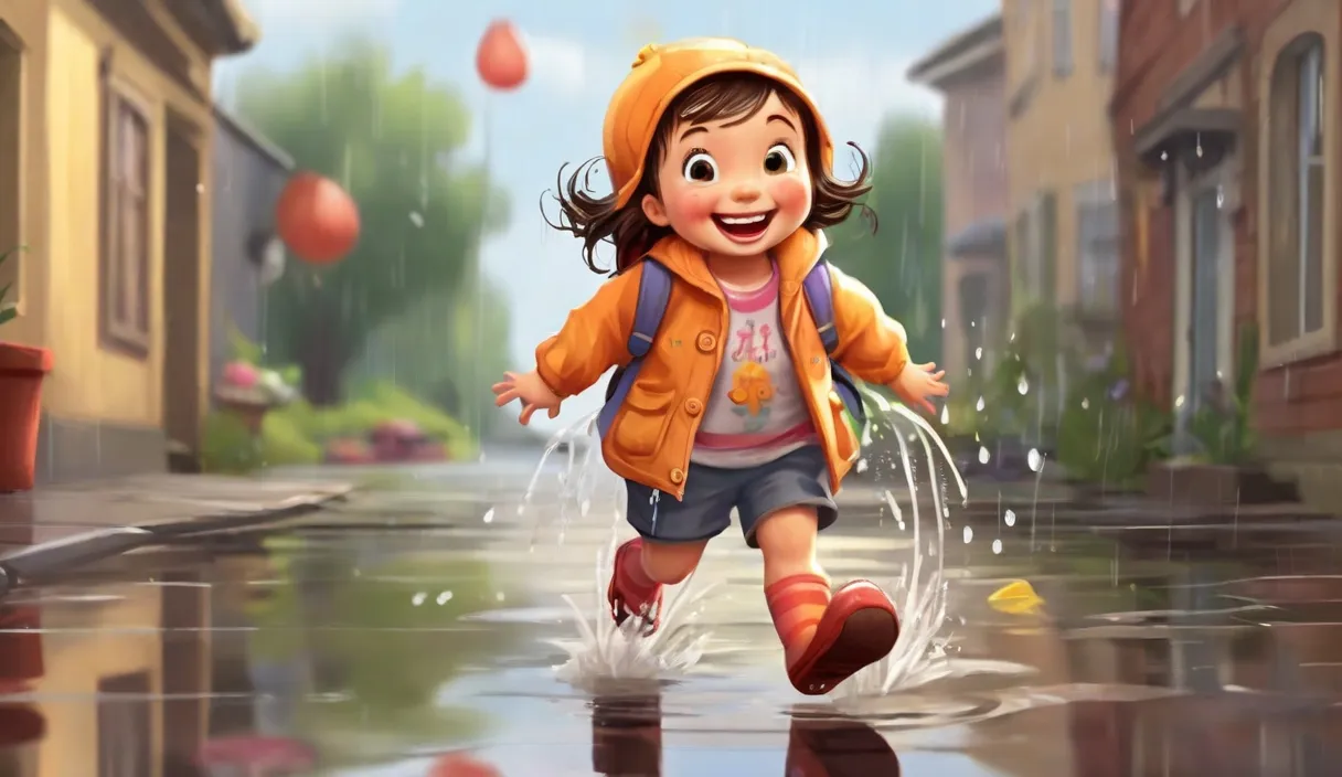 a little girl running through a puddle in the rain.cartoon