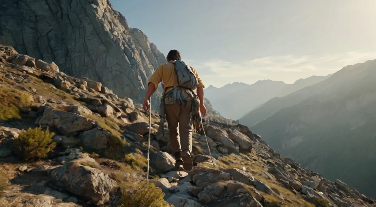 a man hiking up a mountain with a backpack