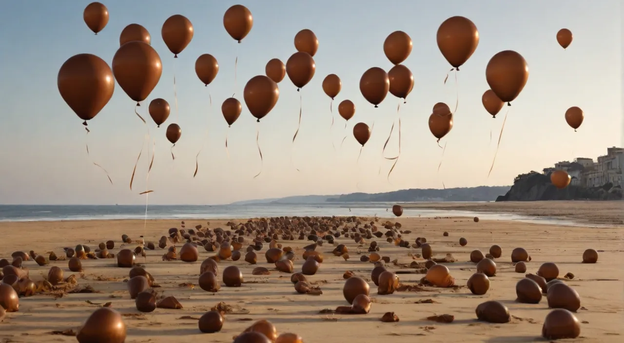 a beach filled with lots of balloons floating in the air