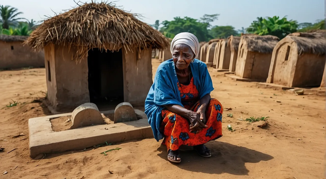 a woman sitting in front of a mud hut