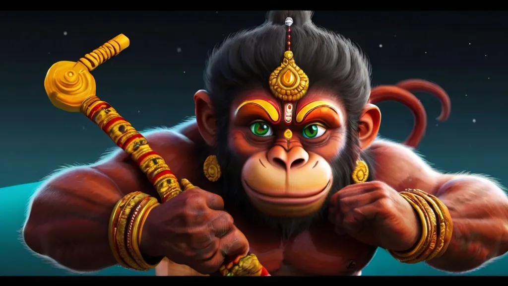 Create a god hanuman with a golden background, 8k, size of 1920x1080, colorful
