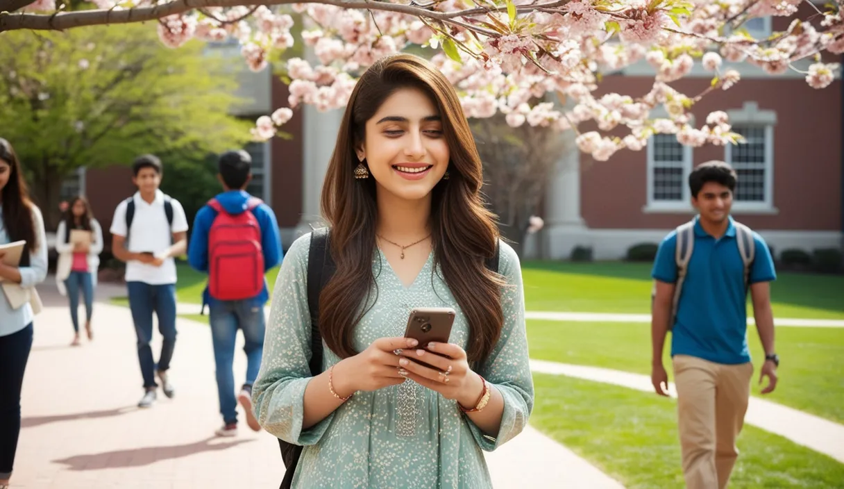 Campus Serenade: On a university campus, a Pakistani girl walking under a blossoming tree, a Bollywood song softly playing from her phone. The 4K wide shot captures students walking by and studying, but her smile and dreamy gaze reveal she is thinking about her boyfriend, who is attending a university in the United States, lost in her own romantic world.