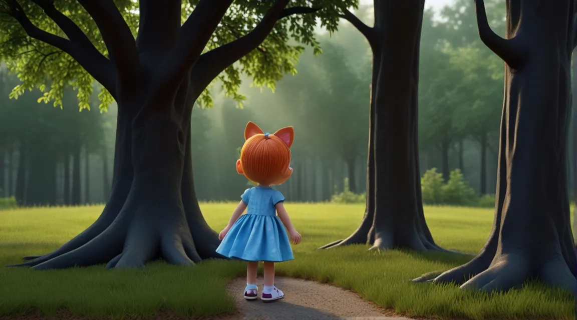 a little girl standing in the middle of a forest