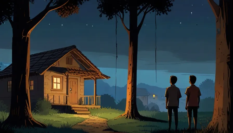 two people standing in front of a cabin at night